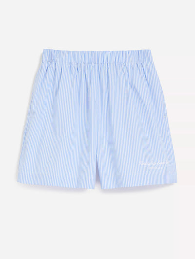 Sporty & Rich Hotel du cap cursive poplin shorts at Collagerie