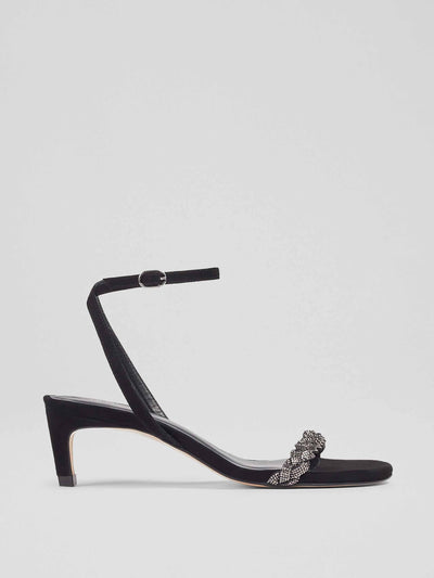 LK Bennett Black suede and crystal plaited sandals at Collagerie