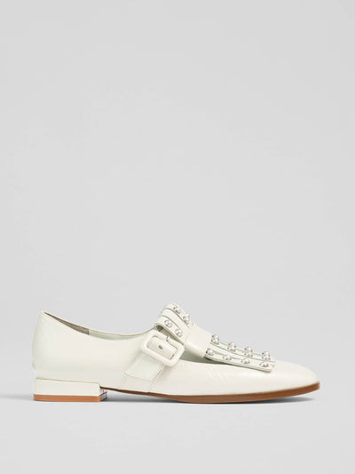 LK Bennett LKB Zig cream patent fringed loafers at Collagerie
