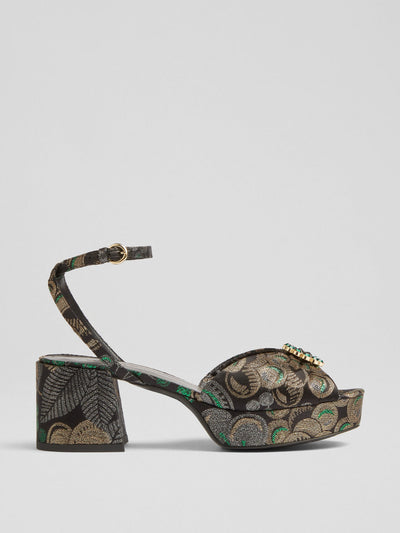 Lk Bennett Brittany metallic fruit brocade platform sandals at Collagerie