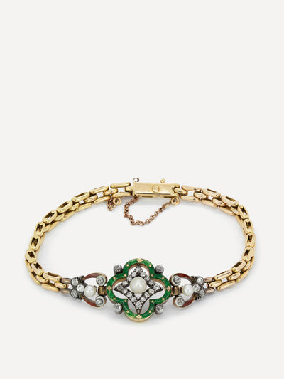 Kojis 18ct gold antique enamel pearl and diamond bracelet at Collagerie