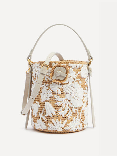 Liberty White embroidered raffia bucket bag at Collagerie