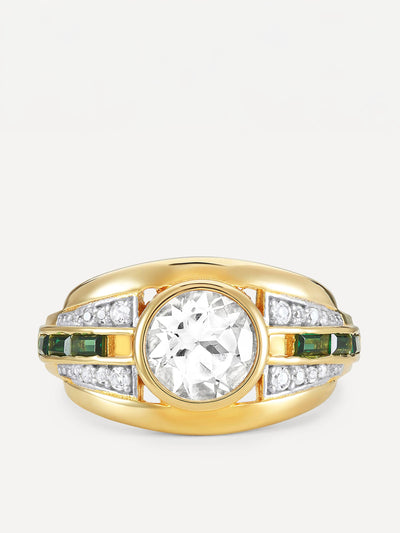 V by Laura Vann Olive 18kt gold-plated vermeil silver, white topaz and green stone bombe ring at Collagerie
