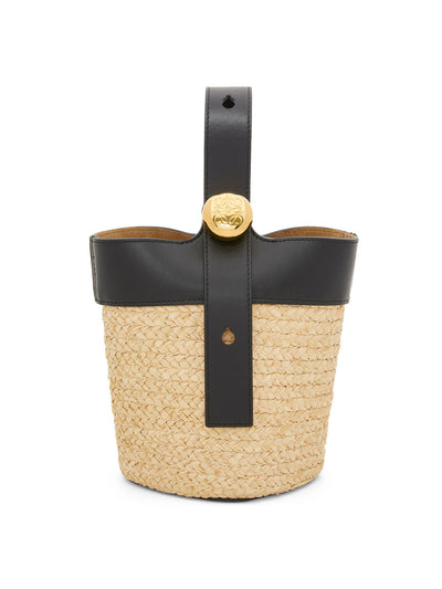 Loewe Mini Pebble Bucket bag in raffia and calfskin at Collagerie