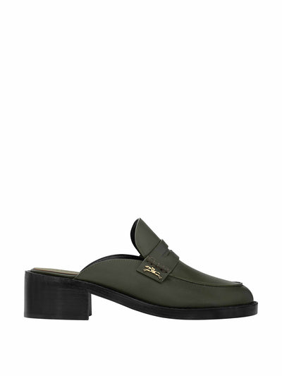 Longchamp Epure timeless khaki leather mules at Collagerie