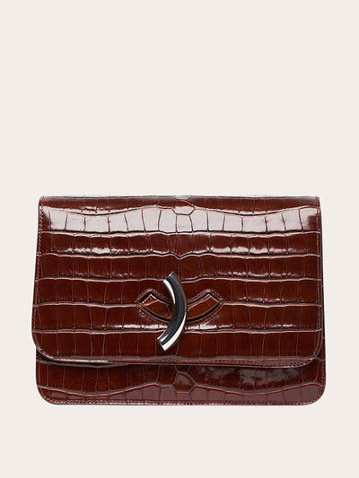 Little Liffner Brown croc embossed Maccheroni bag at Collagerie