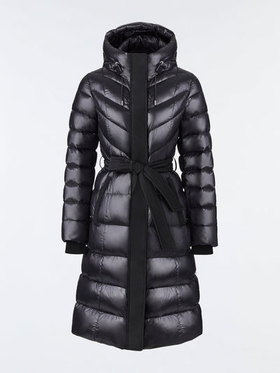 Mackage Coralia down coat with hood and sash belt at Collagerie