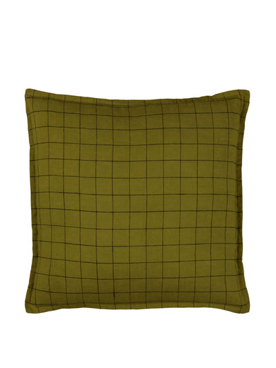 Yard Olive green 100% linen grid check feather filled cushion at Collagerie