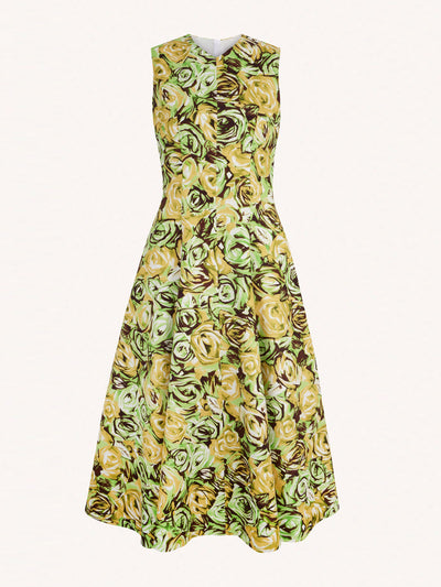 Emilia Wickstead Madi dress in abstract green and lemon rose printed twill at Collagerie