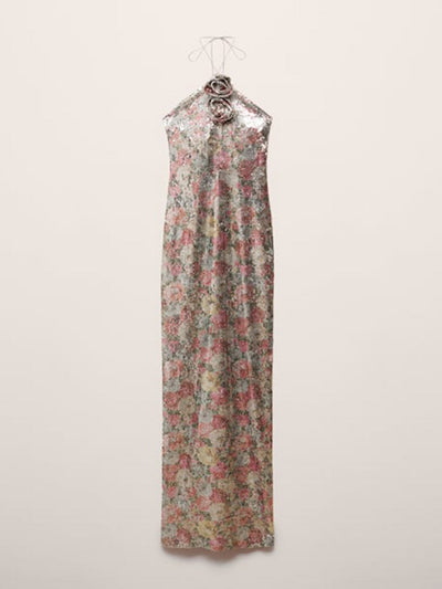 Mango Sequinned halter-neck floral dress at Collagerie