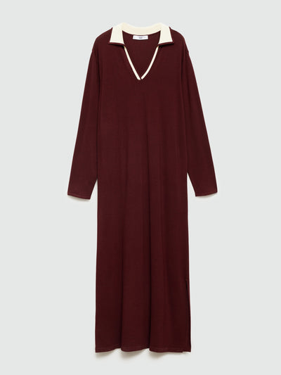 Mango Burgundy knit maxi dress with polo collar at Collagerie