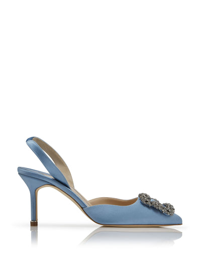Manolo Blahnik Light blue satin jewel buckle slingback pumps at Collagerie