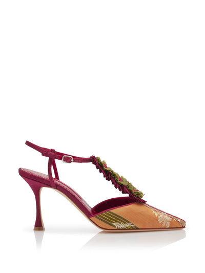 Manolo Blahnik Hebes red silk rosettes detail t-bar pumps at Collagerie