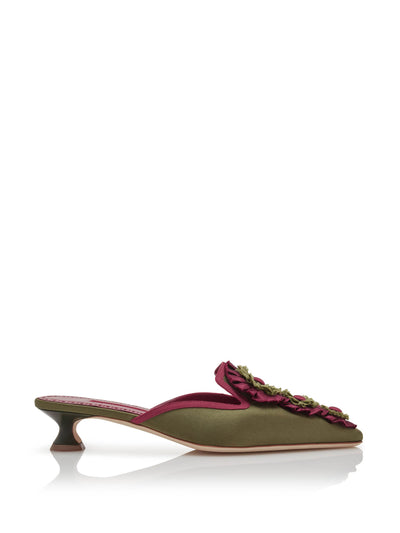 Manolo Blahnik Merode khaki silk rosettes detail mules at Collagerie
