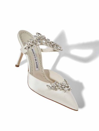 Manolo Blahnik White satin crystal-embellished mules at Collagerie