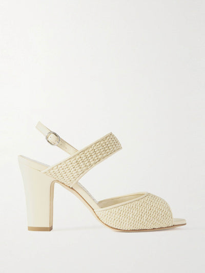 Manolo Blahnik Khiko 90 leather-trimmed raffia sandals at Collagerie