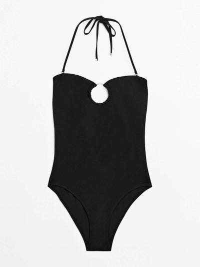 Massimo Dutti Bandeau swimsuit with metal piece detail at Collagerie