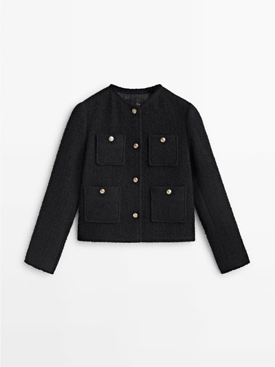 Massimo Dutti Textured cropped black jacket at Collagerie