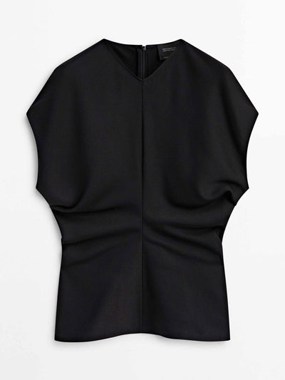 Massimo Dutti Black blouse with gathered detail at Collagerie