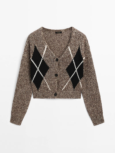 Massimo Dutti Cropped cotton argyle knit cardigan at Collagerie