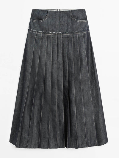 Massimo Dutti Denim midi skirt with box pleats at Collagerie