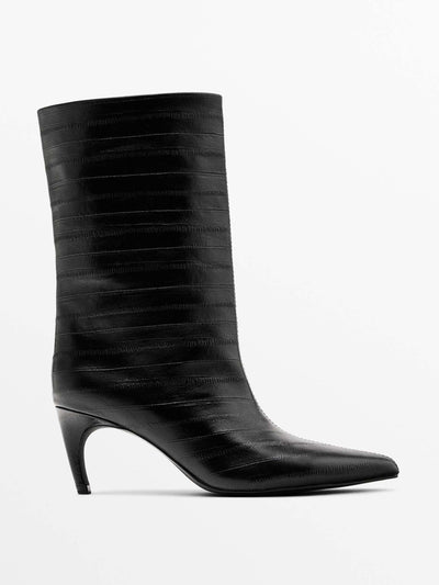 Massimo Dutti Embossed leather high-heel ankle boots at Collagerie