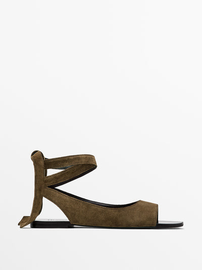 Massimo Dutti Flat lace-up split leather slider sandals at Collagerie