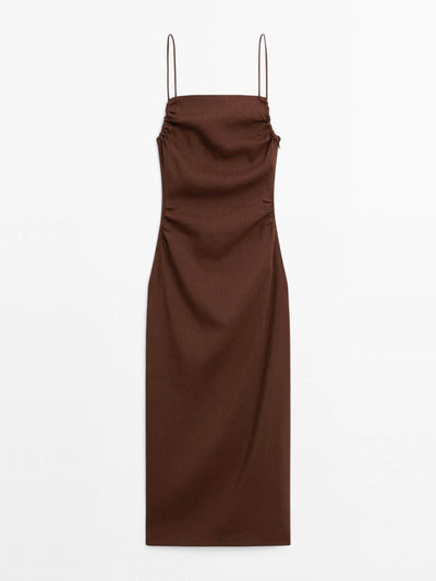 Massimo Dutti Gathered linen blend midi dress at Collagerie