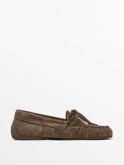 Massimo Dutti Gathered split suede loafers at Collagerie
