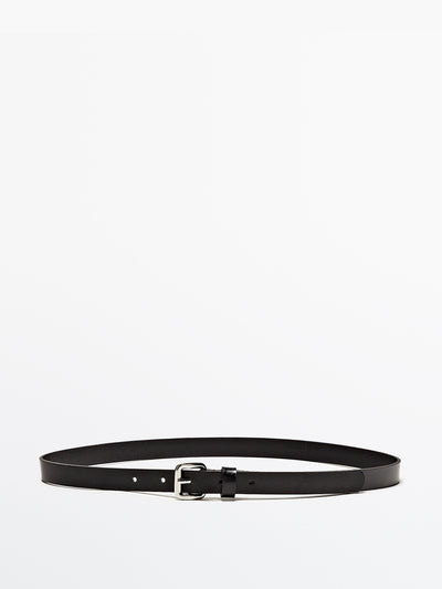 Massimo Dutti Black leather belt with rectangular buckle at Collagerie