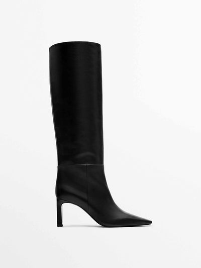Massimo Dutti Leather boots with square heel at Collagerie