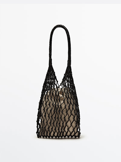 Massimo Dutti Leather mesh bag with linen pouch at Collagerie