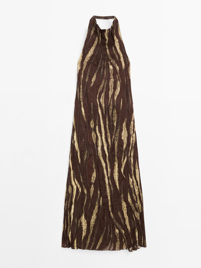 Massimo Dutti Long creased print halter neck dress at Collagerie