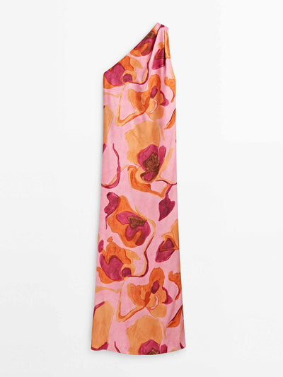 Massimo Dutti Pink floral print asymmetric maxi dress at Collagerie