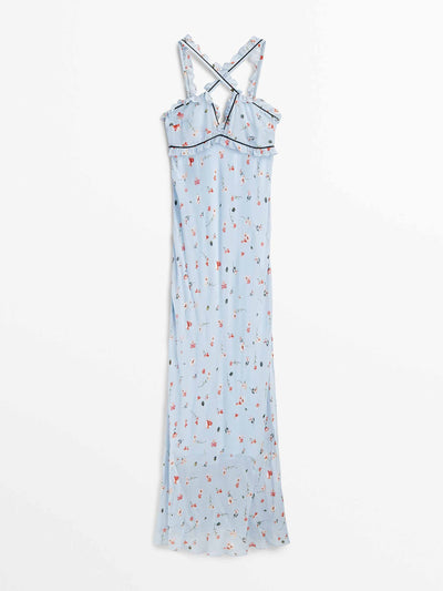 Massimo Dutti Long strappy floral print dress in Sky Blue at Collagerie