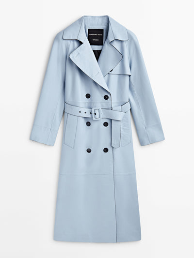 Massimo Dutti Nappa leather trench-style blue coat with belt at Collagerie