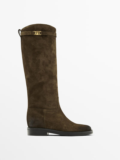 Massimo Dutti Oiled split suede riding boots at Collagerie