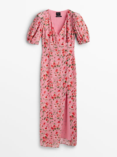 Massimo Dutti Pink floral print puff sleeve dress at Collagerie