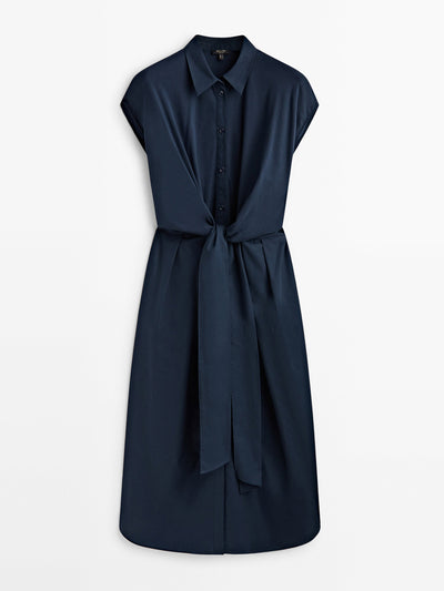 Massimo Dutti Navy poplin shirt dress with knot detail at Collagerie