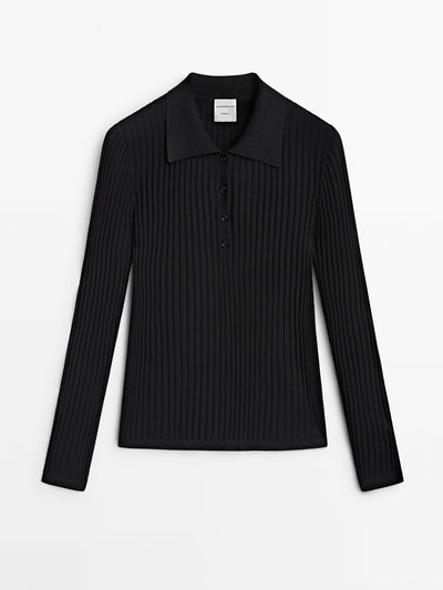 Massimo Dutti Black ribbed knit polo shirt - studio at Collagerie