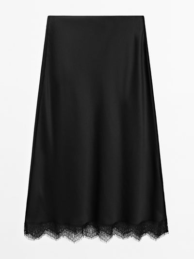 Massimo Dutti Satin midi skirt with lace detail at Collagerie