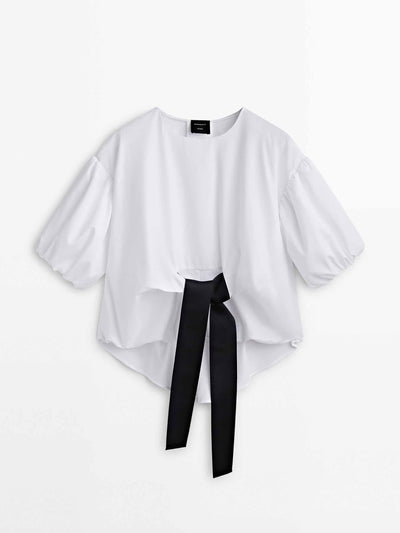 Massimo Dutti White shirt with contrast bow at Collagerie