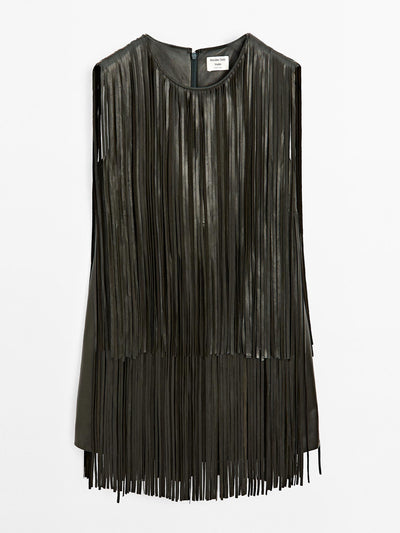 Massimo Dutti Short nappa leather dress with fringing at Collagerie