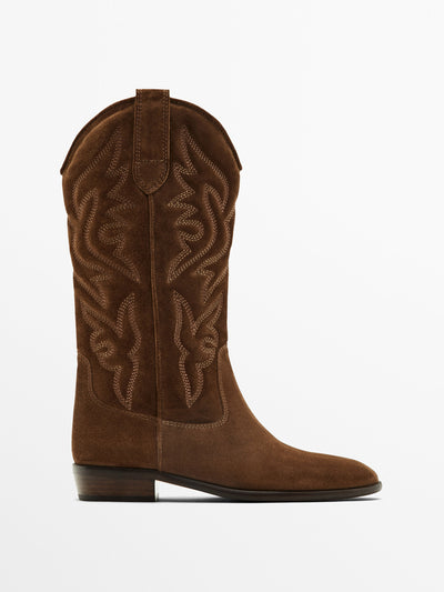 Massimo Dutti Split suede embroidered cowboy boots at Collagerie