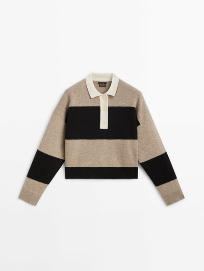 Massimo Dutti Striped knit sweater with contrast polo collar at Collagerie