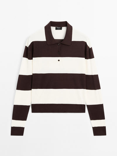 Massimo Dutti Striped knit sweater with polo collar at Collagerie