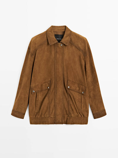 Massimo Dutti Suede leather bomber jacket with pockets at Collagerie