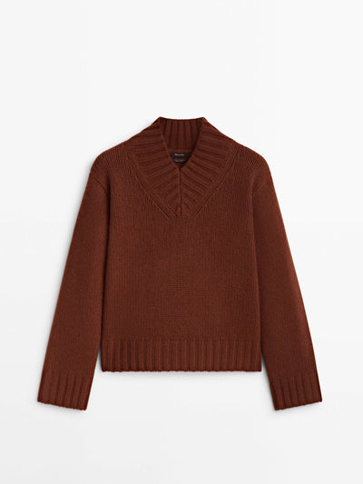 Massimo Dutti Wool and cashmere blend high v-neck sweater at Collagerie