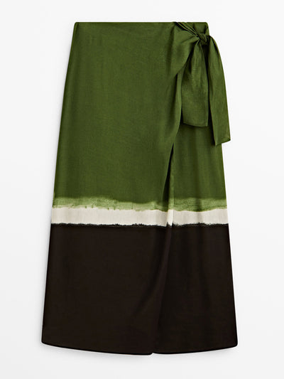 Massimo Dutti Green wrap midi skirt with tie-dye hem at Collagerie