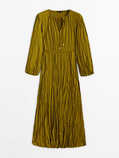 Massimo Dutti Olive pleated midi dress with drawstrings at Collagerie